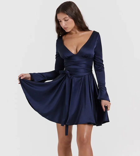 Autumn and Winter Long Sleeve Dress Navy Blue Long Belt A Line Mini Dress V Neck Casual Women's Clothing