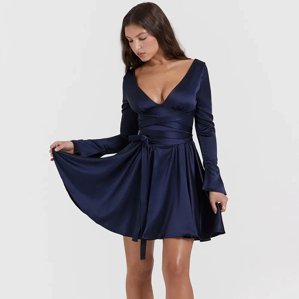 Autumn and Winter Long Sleeve Dress Navy Blue Long Belt A Line Mini Dress V Neck Casual Women's Clothing