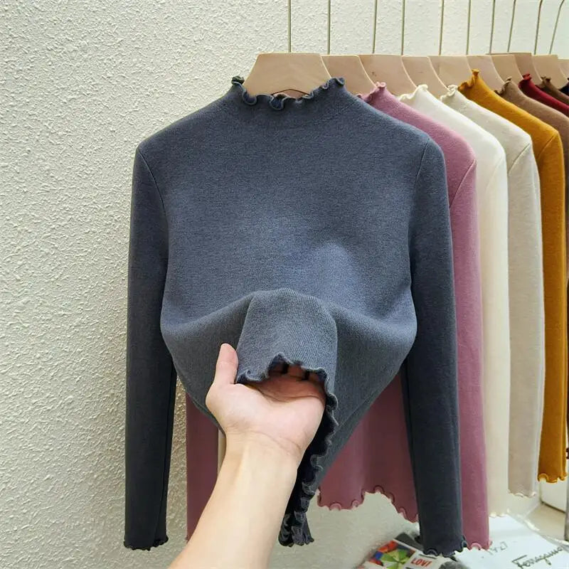 Autumn Winter Korean Solid Half Height Collar Velvet Knit Sweater Women Fashion Warm Long Sleeve Festival Pullovers Tops Casual