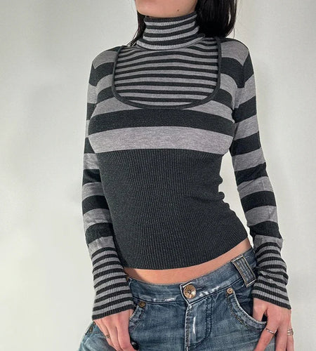 Harajuku Stripe Knitted Turtleneck Pullover Tee Vintage Y2K Fitness Basic Autumn Women's T-shirts Contrast Patchwork