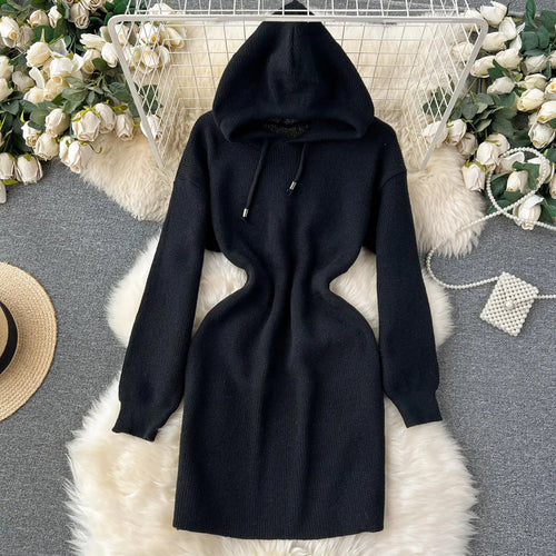Load image into Gallery viewer, Autumn New White Slim Elegant Long Sleeve Hooded Mini Dress Women Black Elegant Slim Gray Knit Hip Wrap Dresses Popular Fashion
