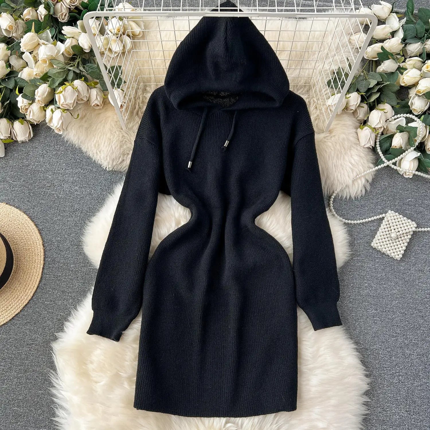 Autumn New White Slim Elegant Long Sleeve Hooded Mini Dress Women Black Elegant Slim Gray Knit Hip Wrap Dresses Popular Fashion