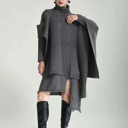 Load image into Gallery viewer, Women Gray Irregular Design Knitting Dress New Turtleneck Long Sleeve Loose Fit Fashion Tide Spring Autumn 2025 1DF2618
