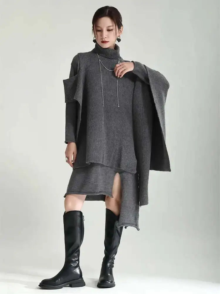 Women Gray Irregular Design Knitting Dress New Turtleneck Long Sleeve Loose Fit Fashion Tide Spring Autumn 2025 1DF2618