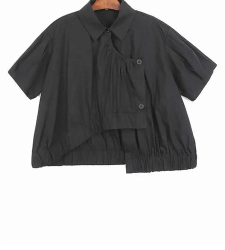 Women Black Irregular Pleated Big Size Casual Blouse New Lapel Short Sleeve Shirt Fashion Tide Spring Summer 2025 1DJ0132