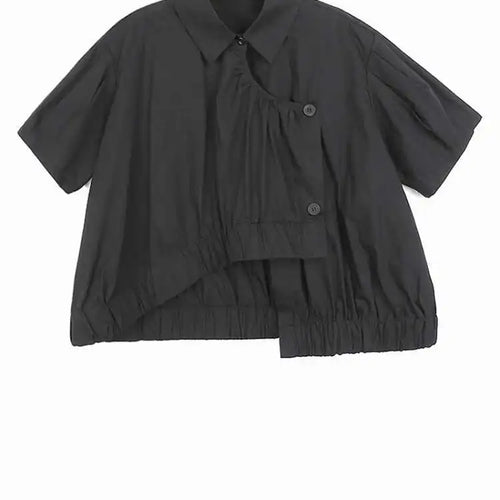 Load image into Gallery viewer, Women Black Irregular Pleated Big Size Casual Blouse New Lapel Short Sleeve Shirt Fashion Tide Spring Summer 2025 1DJ0132
