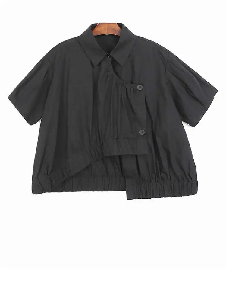 Women Black Irregular Pleated Big Size Casual Blouse New Lapel Short Sleeve Shirt Fashion Tide Spring Summer 2025 1DJ0132
