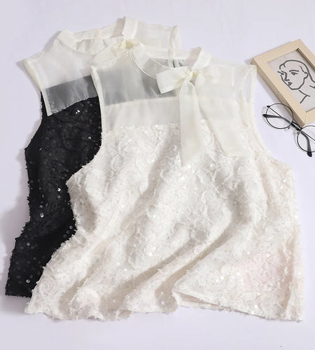 French Summer Women Beige Bow Bandage Vest Black Patchwork Sequin Sexy Club Off Shoulder Tank Tops Vintage Fashion Clothes Trend