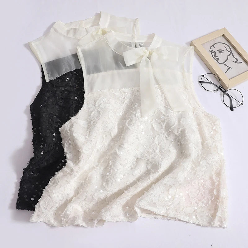 French Summer Women Beige Bow Bandage Vest Black Patchwork Sequin Sexy Club Off Shoulder Tank Tops Vintage Fashion Clothes Trend