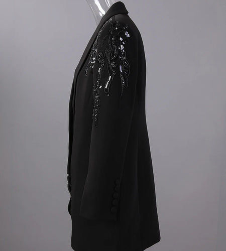 Women Black Sequins Pleated Big Size Elegant Blazer New Lapel Long Sleeve Jacket Fashion Tide Spring Autumn 2025 7AB6225