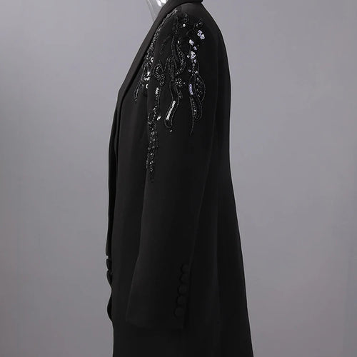 Load image into Gallery viewer, Women Black Sequins Pleated Big Size Elegant Blazer New Lapel Long Sleeve Jacket Fashion Tide Spring Autumn 2025 7AB6225
