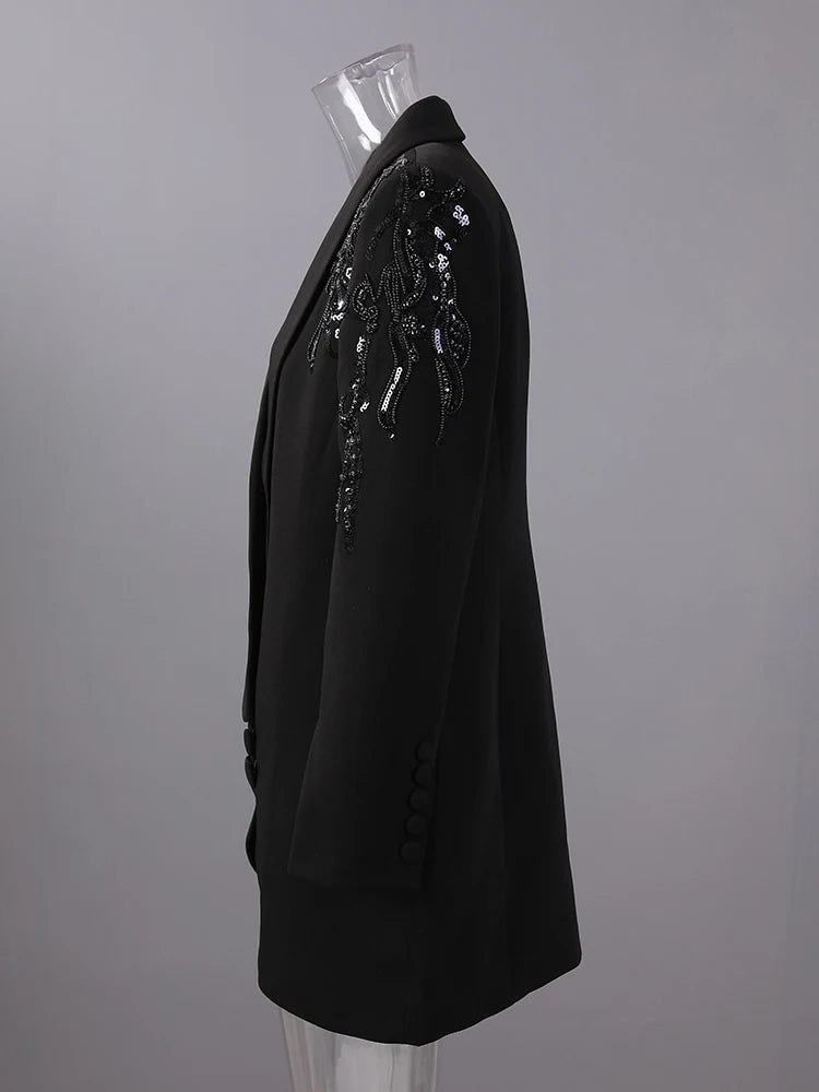 Women Black Sequins Pleated Big Size Elegant Blazer New Lapel Long Sleeve Jacket Fashion Tide Spring Autumn 2025 7AB6225