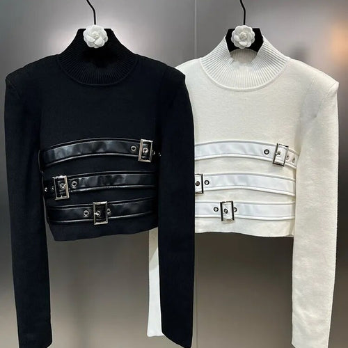 Load image into Gallery viewer, Solid Patchwork Belt Knitting Sweaters For Women Stand Collar Long Sleeve Temperament Slim Pullover Sweater Female
