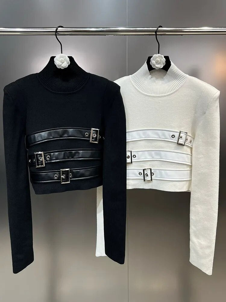 Solid Patchwork Belt Knitting Sweaters For Women Stand Collar Long Sleeve Temperament Slim Pullover Sweater Female