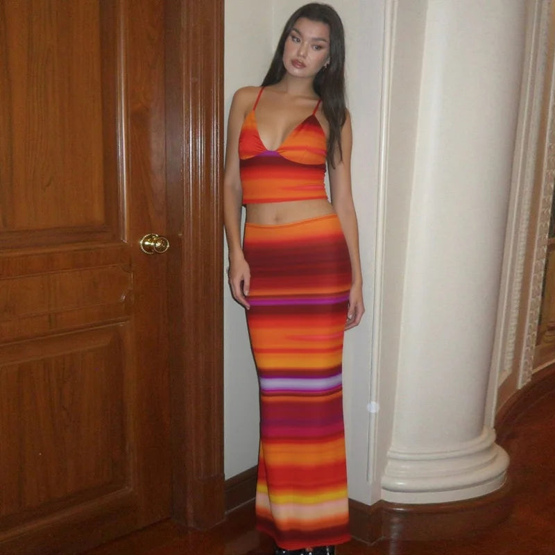 Print Sexy 2 Piece Sets Women Summer New V Neck Crop Tops And Maxi Skirt Female Elegant Club Party Slim Skirt Set