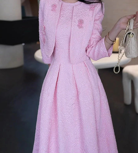 Elegant Two Piece Sets for Women Round Neck Long Sleeves Spliced Bead Jacket O Neck Patchwork Folds Dress Set Female