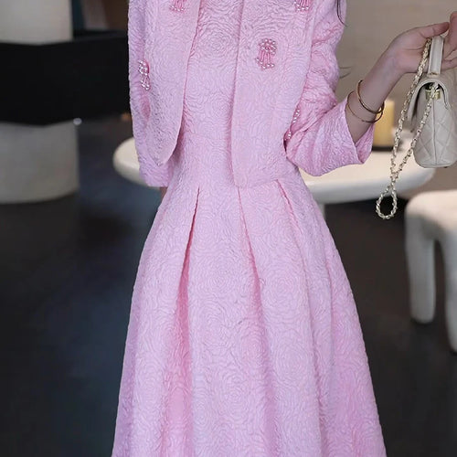 Load image into Gallery viewer, Elegant Two Piece Sets for Women Round Neck Long Sleeves Spliced Bead Jacket O Neck Patchwork Folds Dress Set Female
