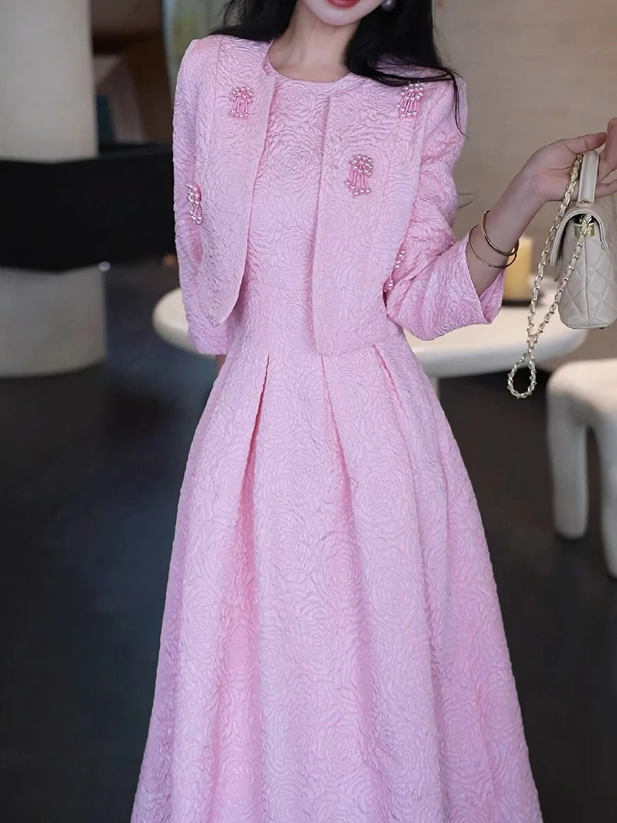 Elegant Two Piece Sets for Women Round Neck Long Sleeves Spliced Bead Jacket O Neck Patchwork Folds Dress Set Female