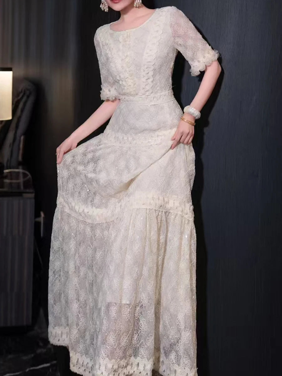 Solid Spliced Sequines Slimming Dresses For Women O Neck Long Sleeve High Waist Temperament Dress Female Fashion