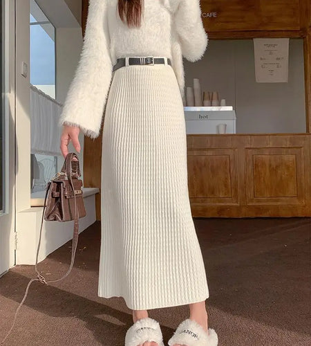 Women's Solid Elegant Office Lady Knitted Long Skirt Retro High Waist Party Wrap Hip Pleated Skirt 2024 Autumn Winter Simplicity