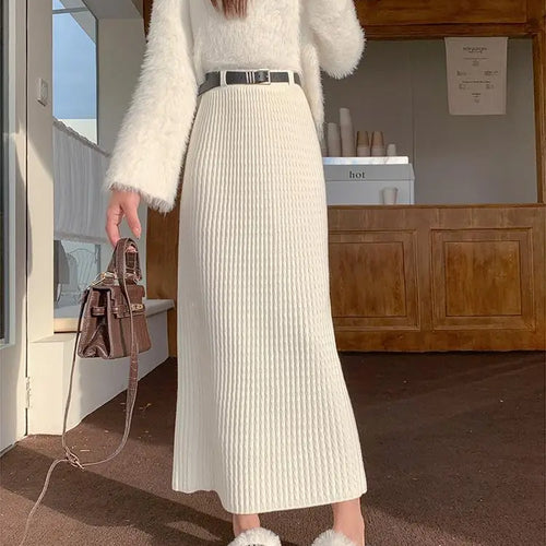 Load image into Gallery viewer, Women's Solid Elegant Office Lady Knitted Long Skirt Retro High Waist Party Wrap Hip Pleated Skirt 2024 Autumn Winter Simplicity
