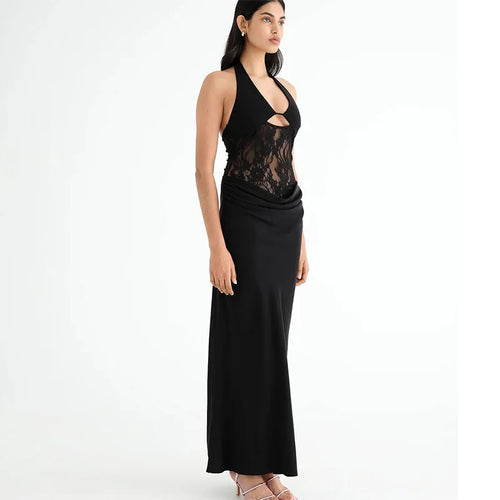 Load image into Gallery viewer, Sheer Lace Hollow Out Sexy Maxi Dress For Women Gown Halter Deep V Neck Sleeveless Backless Bodycon Long Dress
