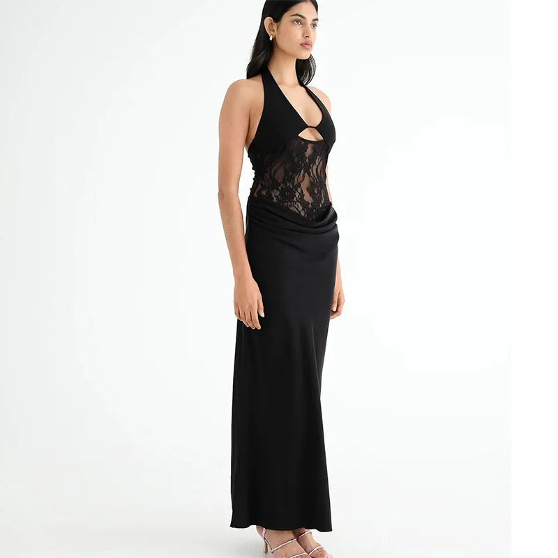 Sheer Lace Hollow Out Sexy Maxi Dress For Women Gown Halter Deep V Neck Sleeveless Backless Bodycon Long Dress
