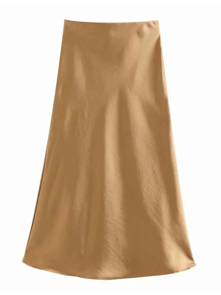 Hot Sale Solid Satin Elastic Waist Women A-Line Skirt Summer Female Slim Falda