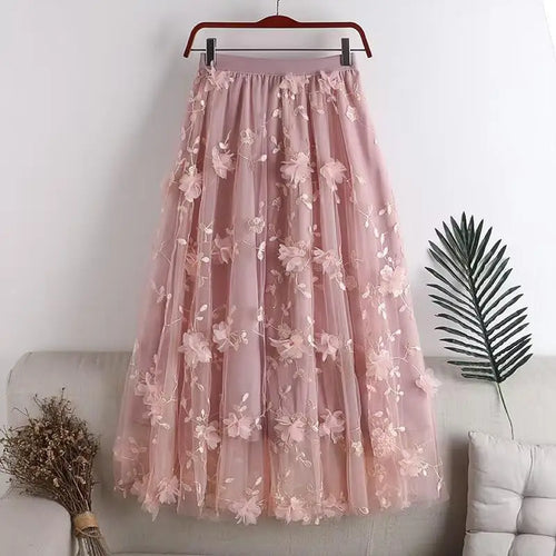 Load image into Gallery viewer, Elastic High Waist Skirt Ladies Summer Vintage Jacquard Butterfly Tulle Skirts Womens Fashion Embroidery Mesh Midi Skirt Women
