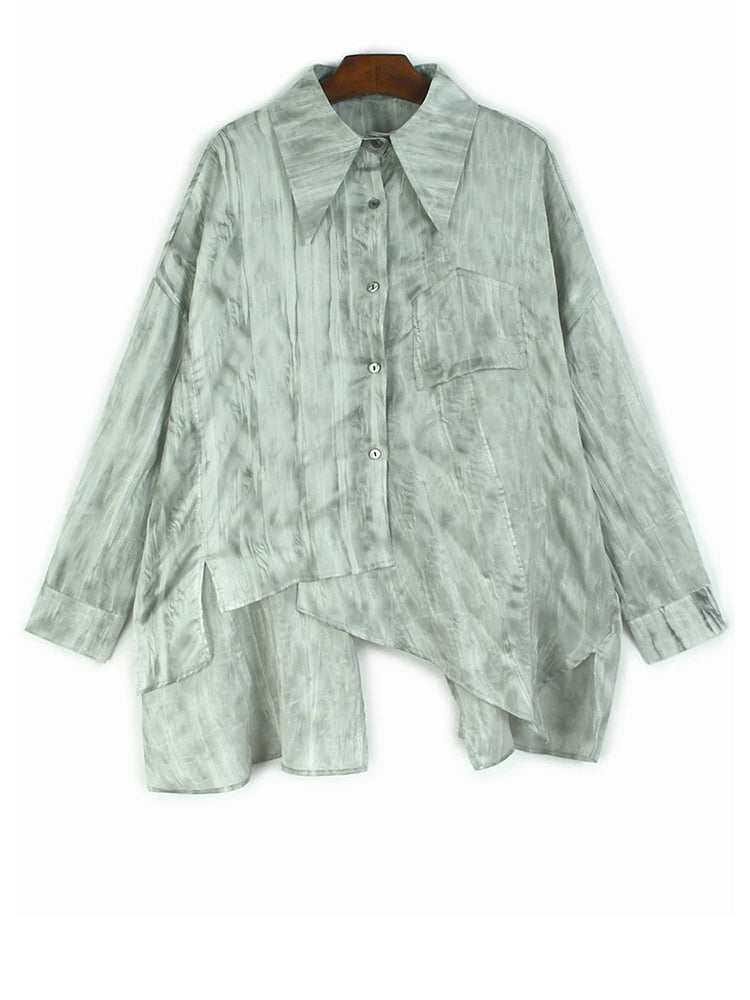 Women Dark Gray Tie Dye Irregular Big Size Blouse New Lapel Long Sleeve Shirt Fashion Tide Spring Autumn 2025 1DH9659