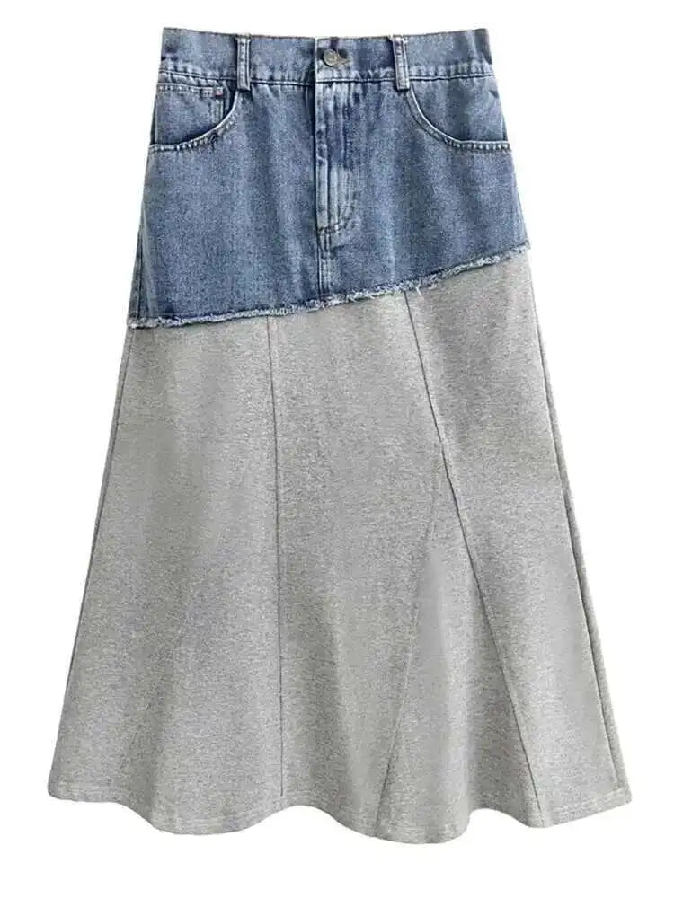 High Waist Black Gray Denim Color-block Midi A-line Half-body Skirt Women Fashion Tide New Spring Autumn 2025 1DH5217