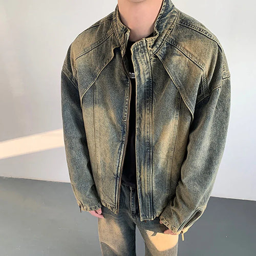 Load image into Gallery viewer, High Street Men&#39;s Denim Jackets Zipper Patchwork Casual Worn-out Washing Stand Collar Male Coats New Autumn Fashion 9C6718
