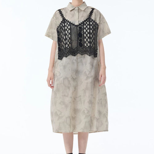 Load image into Gallery viewer, Women Black Striped Lace Spliced Big Size Midi Shirt Dress New Lapel Short Sleeve Fashion Tide Spring Summer 2025 1DJ1257
