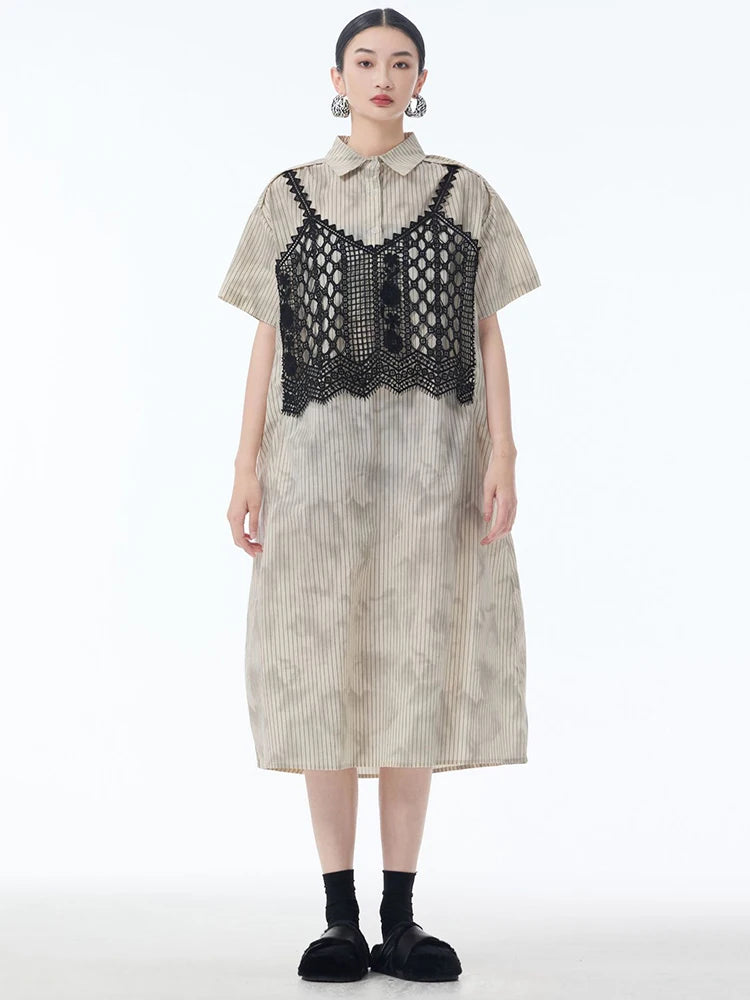 Women Black Striped Lace Spliced Big Size Midi Shirt Dress New Lapel Short Sleeve Fashion Tide Spring Summer 2025 1DJ1257