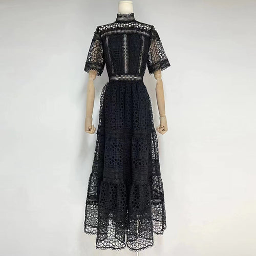 Load image into Gallery viewer, Vintage Embroidery Dress For Women Stand Collar Short Sleeve High Waist Lace Panel Cut Out Elegant Dresses Female
