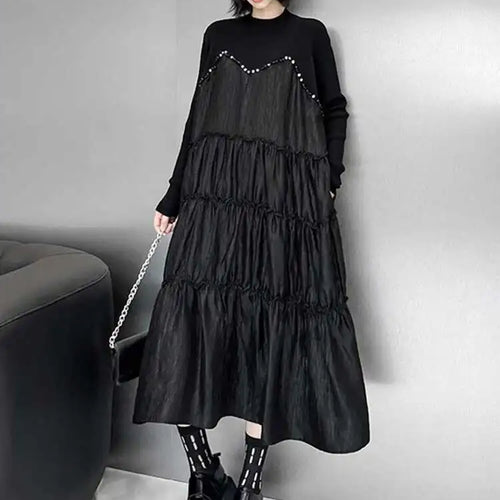 Load image into Gallery viewer, Women Black Knitting Beads Pleated Big Size Midi Dress New Round Neck Long Sleeve Fashion Tide Spring Autumn 2025 1DH9219
