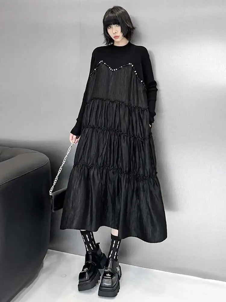 Women Black Knitting Beads Pleated Big Size Midi Dress New Round Neck Long Sleeve Fashion Tide Spring Autumn 2025 1DH9219