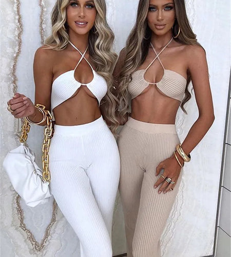 Casual Backless Two Pieces Sets Women Sexy Halter Hollow Out Top Long Flare Pant Suit Party Outfits Strapless Tracksuit