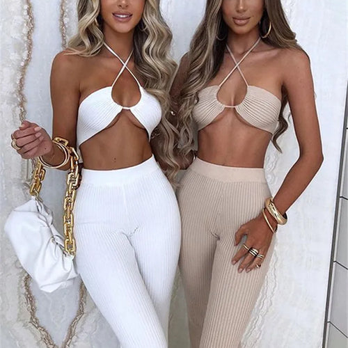 Load image into Gallery viewer, Casual Backless Two Pieces Sets Women Sexy Halter Hollow Out Top Long Flare Pant Suit Party Outfits Strapless Tracksuit
