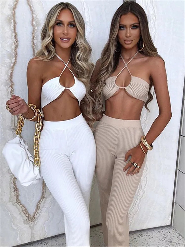 Casual Backless Two Pieces Sets Women Sexy Halter Hollow Out Top Long Flare Pant Suit Party Outfits Strapless Tracksuit
