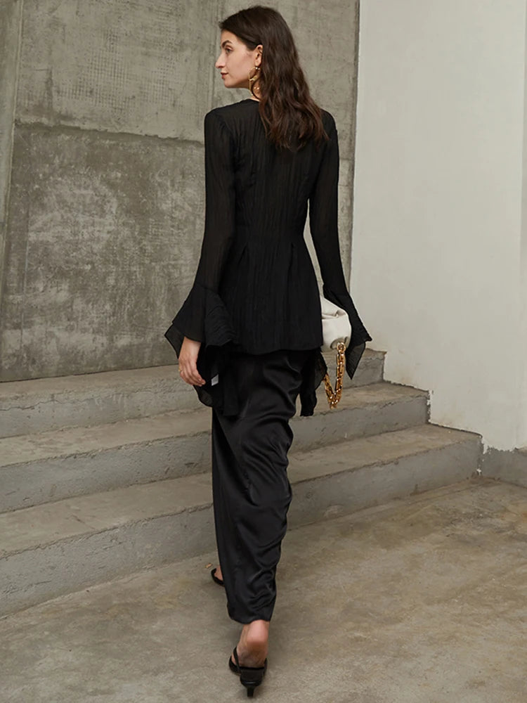 Black Sexy Shirt Female V Neck Flare Sleeve Slim Solid Patchwork Mesh Hem Elegant Blouses Fashion Women Blouses