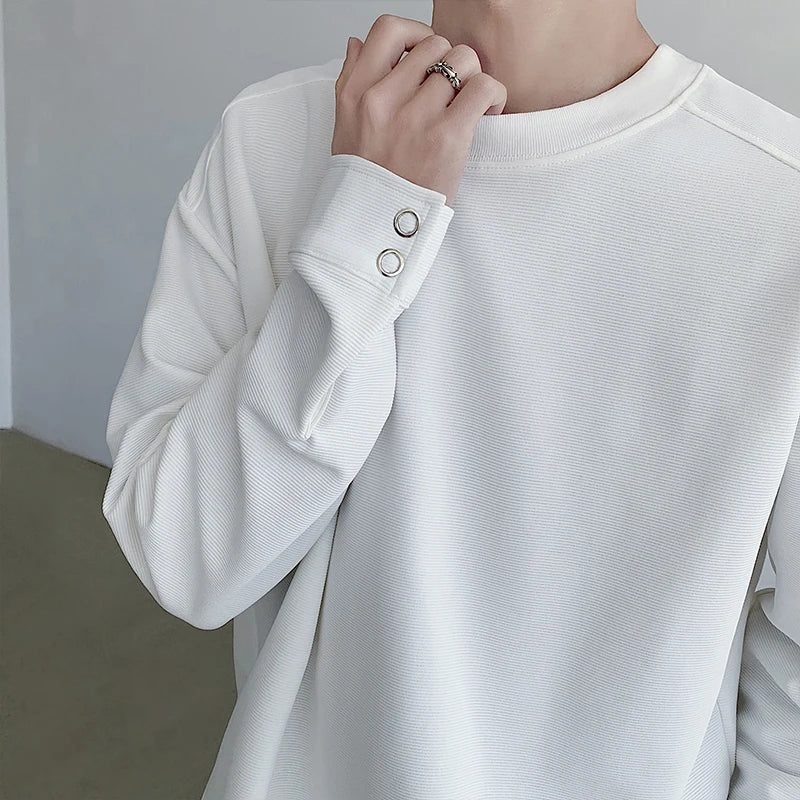 Long Sleeved T-shirt Cuff Design Round Neck Men Loose Versatile Base Solid Color Simple Korean Fashion Male Tops