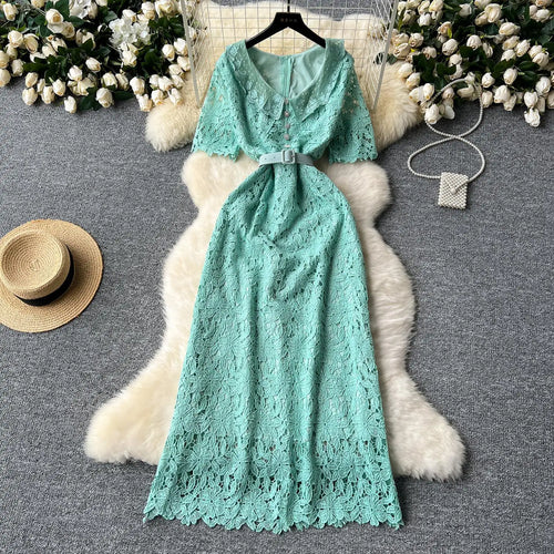 Load image into Gallery viewer, Summer Solid High Waist Button Birthday Lace Long Dress Women French Retro Elegant Short Sleeve Festival Party Evening Dress New

