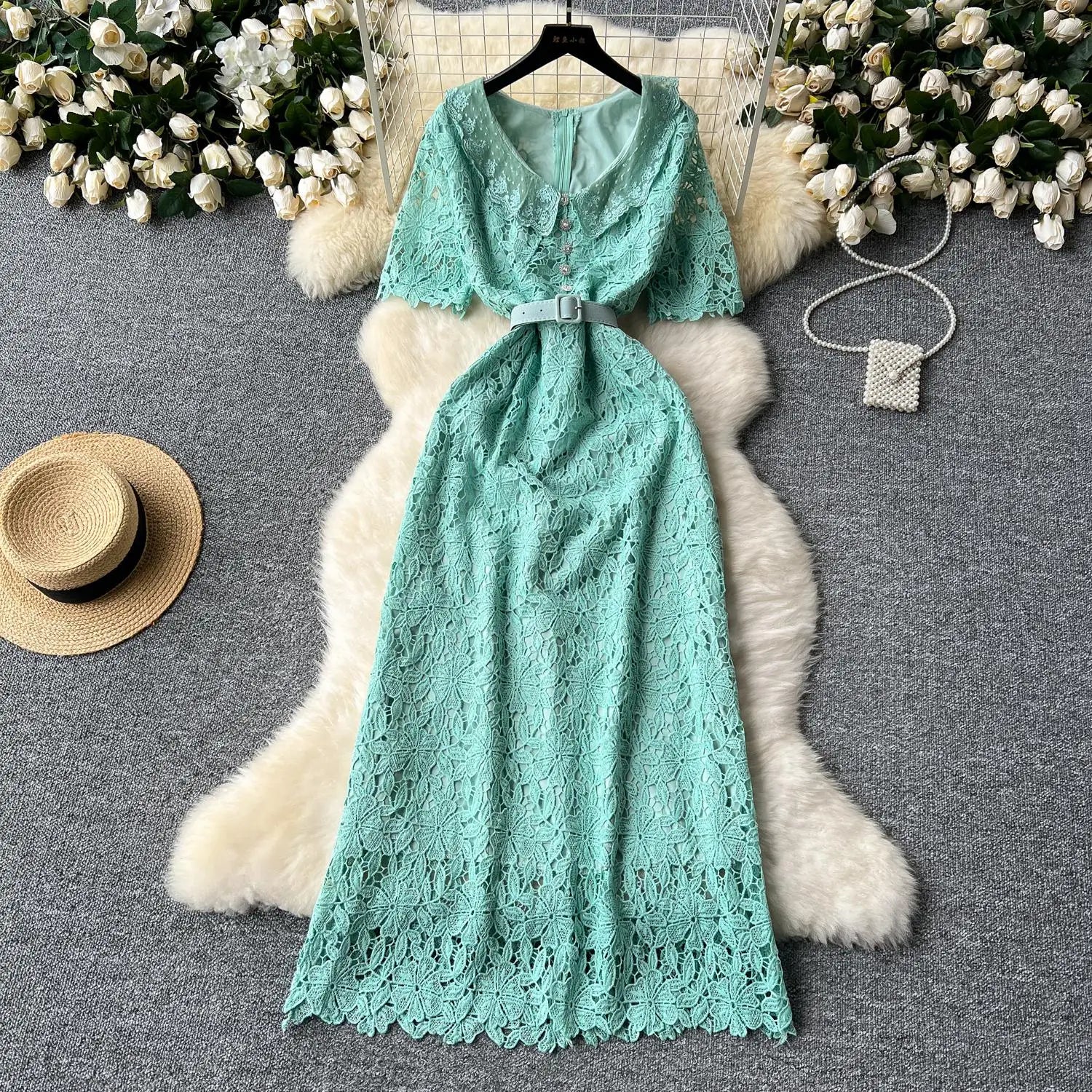 Summer Solid High Waist Button Birthday Lace Long Dress Women French Retro Elegant Short Sleeve Festival Party Evening Dress New
