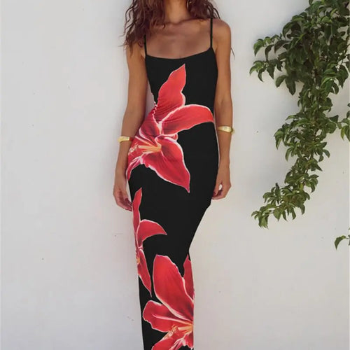 Load image into Gallery viewer, Floreal Print Long Dress For Women Gown Summer New Spaghetti Strap Sleeveless Backless Bodycon Sexy Midi Dress Elegant
