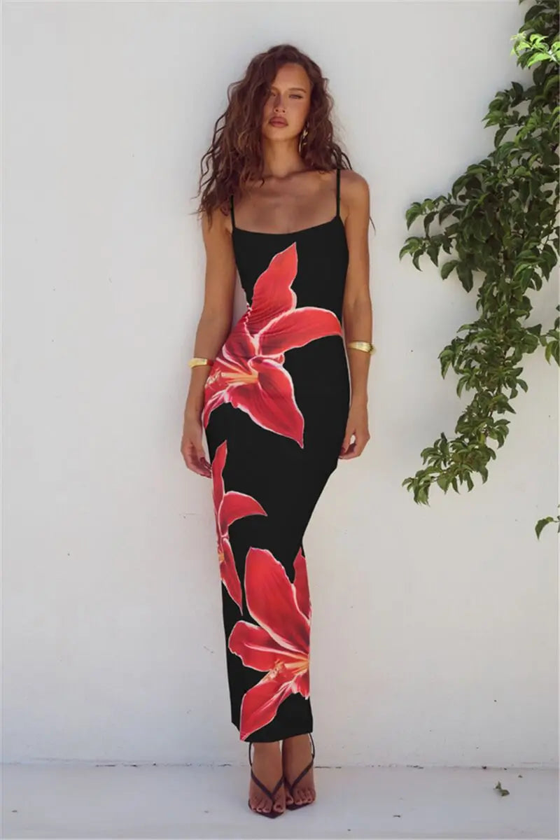 Floreal Print Long Dress For Women Gown Summer New Spaghetti Strap Sleeveless Backless Bodycon Sexy Midi Dress Elegant