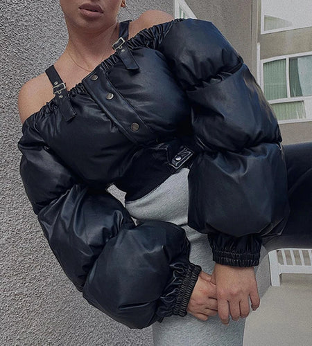 Streetwear Fashion Bubble Parka Coat Short Off Shoulder Buckle Buttons Winter Jacket Women Design Puffer Overcoat New