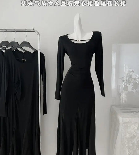 French Vintage Women's Black Mesh Elegant Long Sleeve Pleated Fishtail Dress Autumn Round Neck Temperament Party Evening Dresses