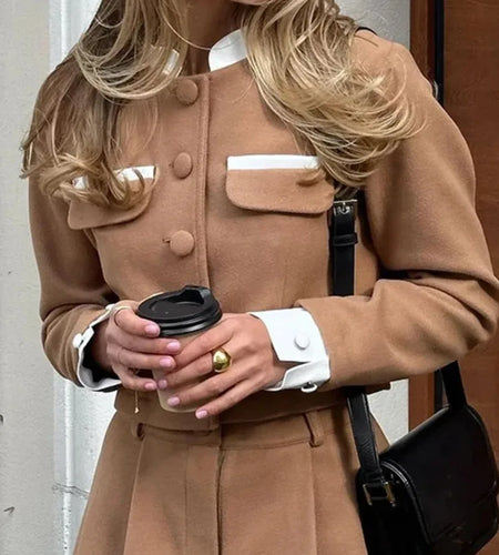 Fashion Contrast Color Small Fragrance Style Celebrity Women Wool Skirt Set Button Slim Long Sleeve Two Piece Set