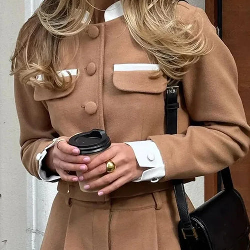 Load image into Gallery viewer, Fashion Contrast Color Small Fragrance Style Celebrity Women Wool Skirt Set Button Slim Long Sleeve Two Piece Set
